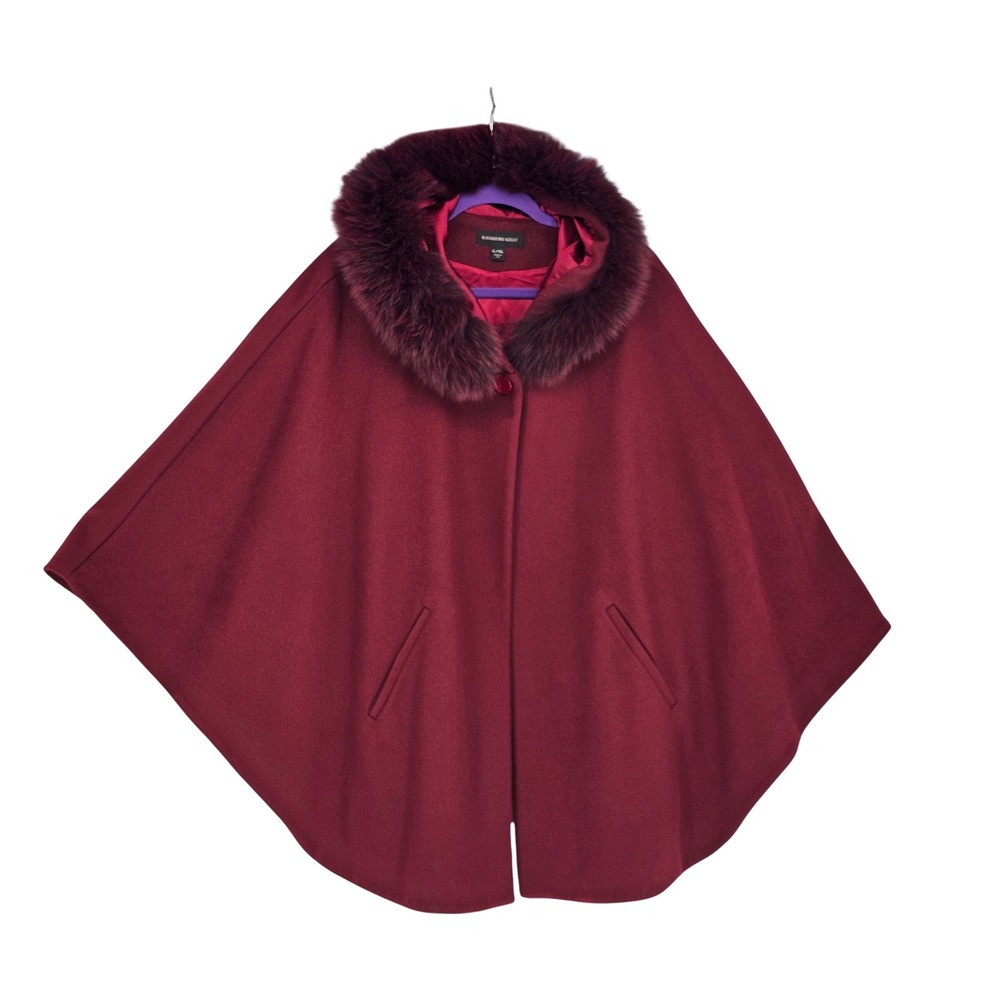 Katherine Kelly Wool Cashmere Hooded Cape L/XL Burgundy Fox Fur Trim Luxury USA